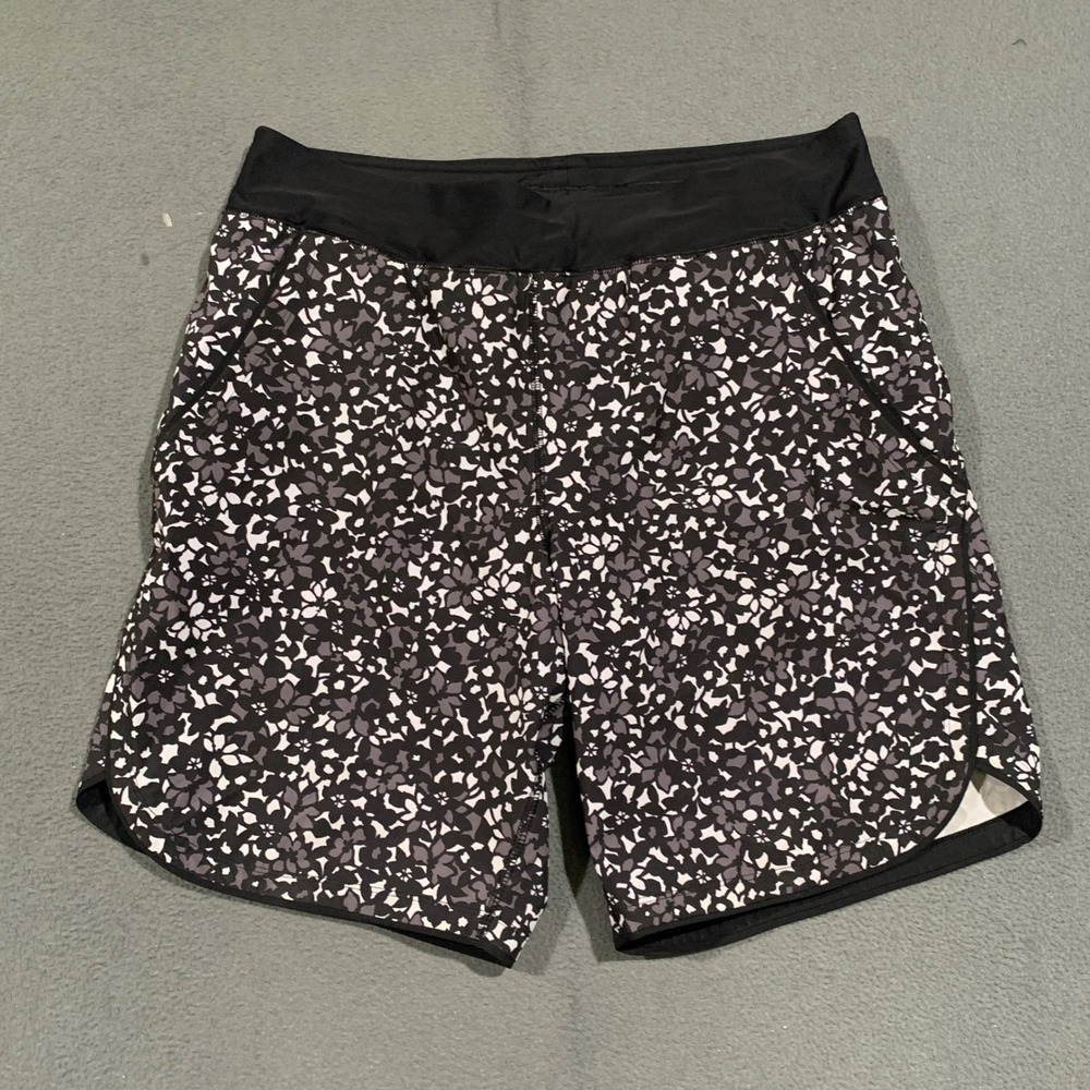 Lands' End Board Shorts Womens 12 Black Floral Swim Trunks Pockets Liner